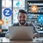 Comment automatiser les tâches quotidiennes avec des outils gratuits environnement de travail numérique avec des icônes d'outils tels que Zapier, Notion et IFTTT flottant au-dessus d'un ordinateur portable moderne.