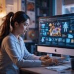 Como a Inteligência Artificial está a revolucionar a criação de conteúdos digitais inteligência artificial na criação de conteúdo, uma pessoa criando conteúdo digital no computador, com elementos visuais como gráficos, texto, ícones de IA e um ambiente criativo. Cores suaves, estilo clean e expressivo.