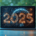 5 tendances technologiques à suivre en 2025 Tendances technologiques 2025, ordinateur portable avec 2025 sur l'écran