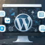 7 plugins essentiels pour WordPress Tableau de bord WordPress ouvert avec icônes de plugins actifs (sécurité, SEO, sauvegarde, cache, formulaire), dans un style numérique moderne et épuré, couleurs claires avec un accent sur le bleu, le blanc et le gris.
