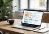 Cómo utilizar Notion para organizar ideas sobre contenidos digitales Escritorio moderno con cuaderno abierto mostrando la interfaz Notion con tableros de tareas y calendario, junto a una taza de café y un cuaderno con notas en la mano.
