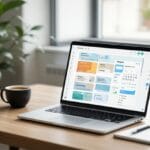 Cómo utilizar Notion para organizar ideas sobre contenidos digitales Escritorio moderno con cuaderno abierto mostrando la interfaz Notion con tableros de tareas y calendario, junto a una taza de café y un cuaderno con notas en la mano.