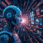 L'avenir de la création de contenu : IA, vidéos réalistes et algorithmes Illustration futuriste d'un créateur de contenu utilisant l'IA et les algorithmes pour produire des vidéos.